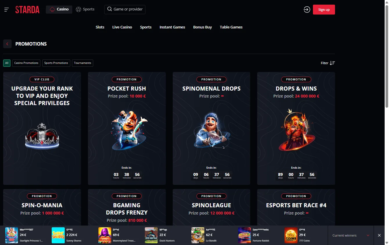 Starda Casino desktop promotions screen
