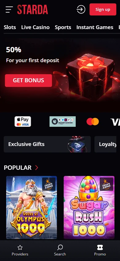 Starda Casino mobile home screen