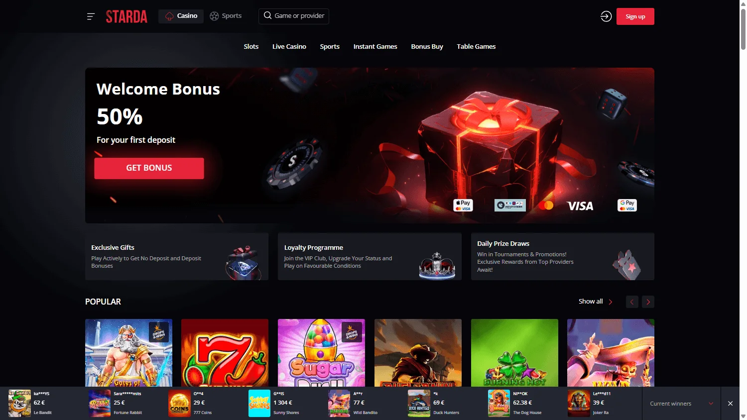Starda Casino desktop home screen
