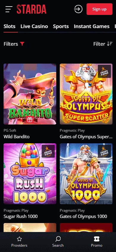 Starda Casino mobile games screen